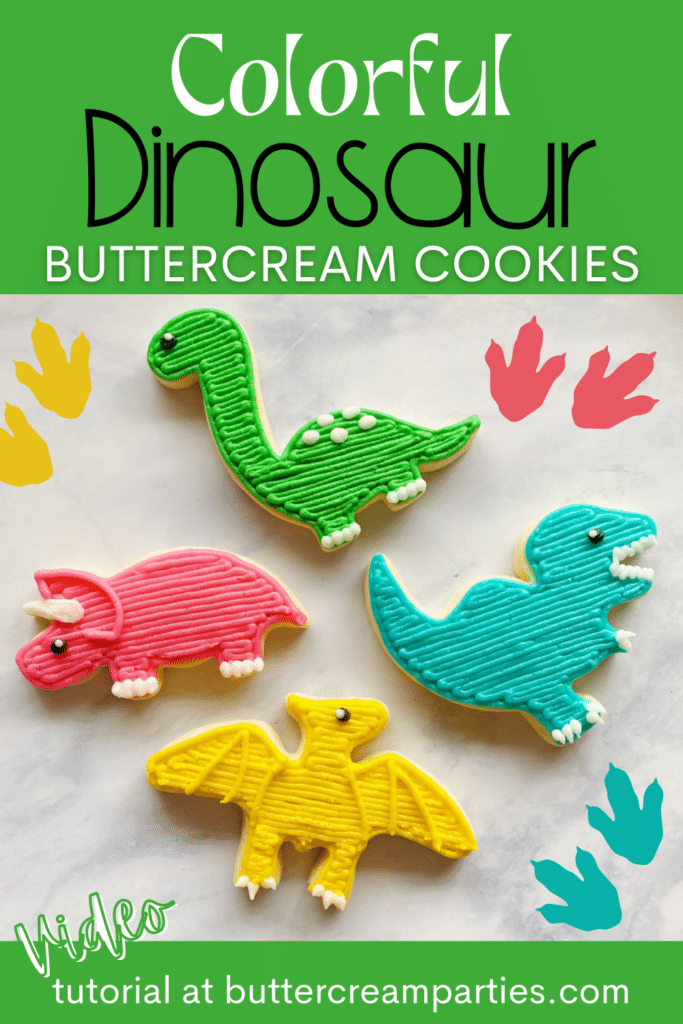 girly decorating dinosaur cookies with buttercream frosting for dinosaur baby shower cookies