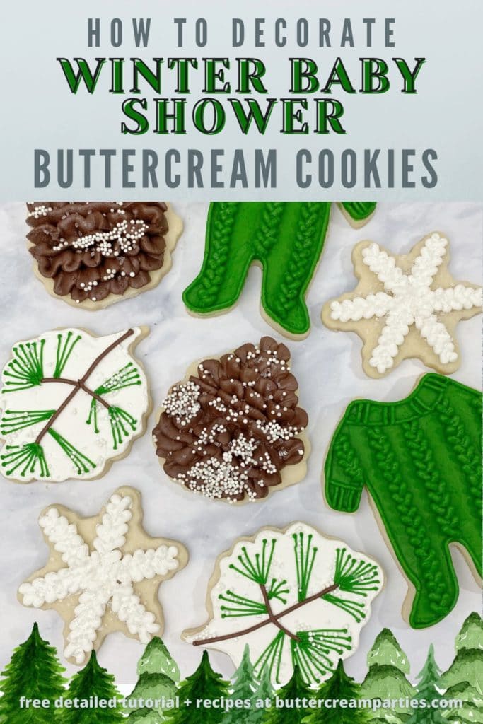 how to decorate winter baby shower cookies including buttercream pine cone cookies and cable knit footie onesies