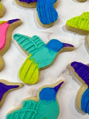 Hummingbird decorated sugar cookie using buttercream frosting