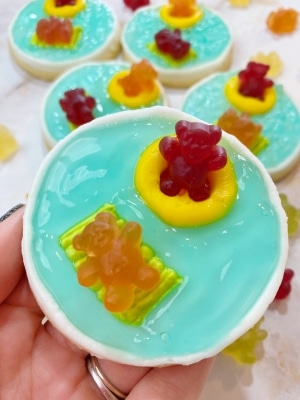 Pool Party Gummy Bear Sugar Cookies in Piping Gel That Looks Like Water